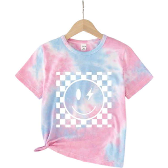 SHEIN Young Girl Lovely Casual Smile Face & Checker Pattern Printed Short Sleeve T-Shirt, Mommy And Me Matching Outfits (2 Pieces Are Sold Separately)