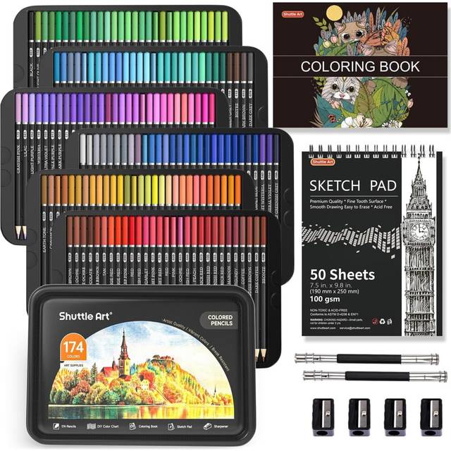 Shuttle Art 174 Colours Professional Colouring Pencils, Soft Core Coloured Pencils Set with 1 Colouring Book,1 Sketch Pad, 4 Sharpener, 2 Pencil Exten