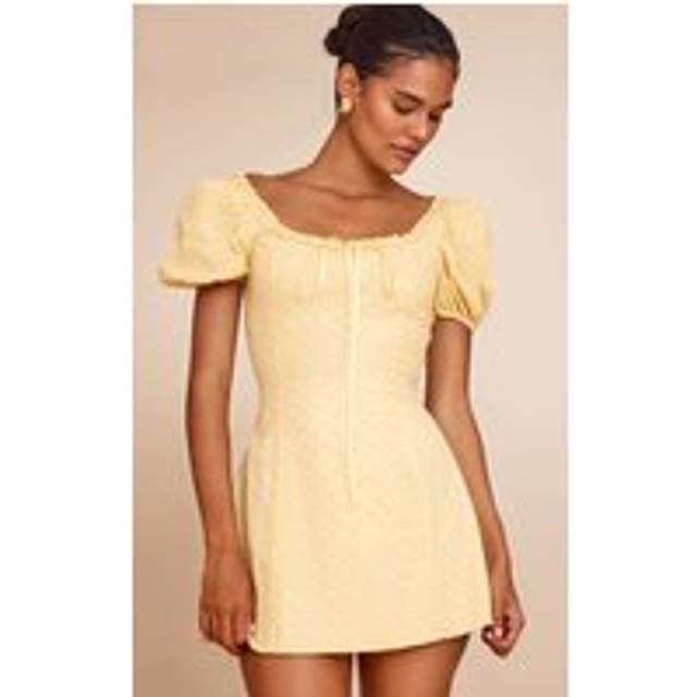 Yellow Broderie Puff Sleeve A-line Mini Dress, Yellow - 14