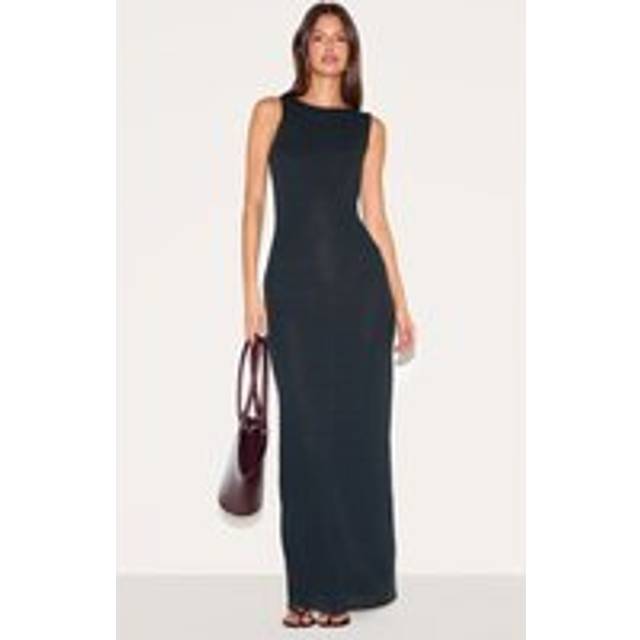 Black Textured Boat Neck Sleeveless Maxi Dress, Black - 12