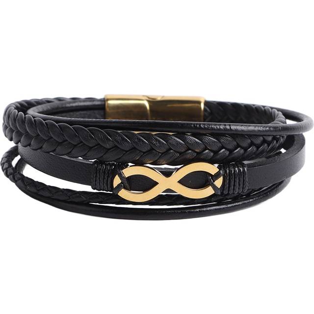 Men Bracelet Simple Look Magnetic Buckle Wristband Black Gold Multiple Layers Handmade Leather