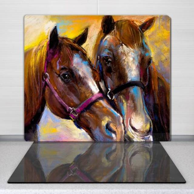 Glass kitchen chopping board worktop saver painting animal horses 60x52 cm