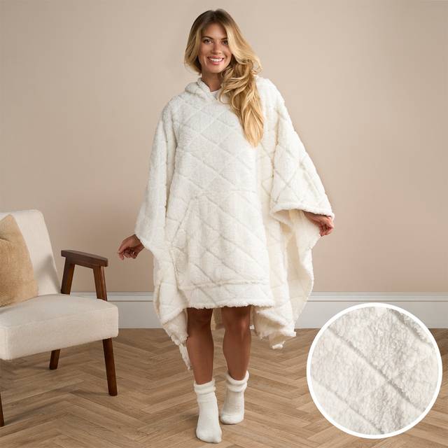 Teddy Fleece Poncho Throw Wearable Plush Hood Diamond Supersoft Plush Blanket - Cream - One Size