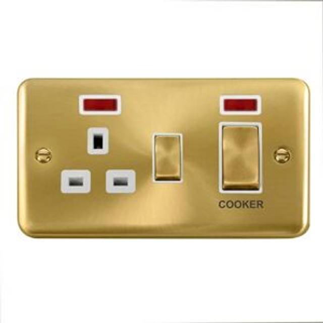 Curved Satin Brass Cooker Control Ingot 45A With 13A Switched Plug Socket & 2 Neons - Gold - One Size