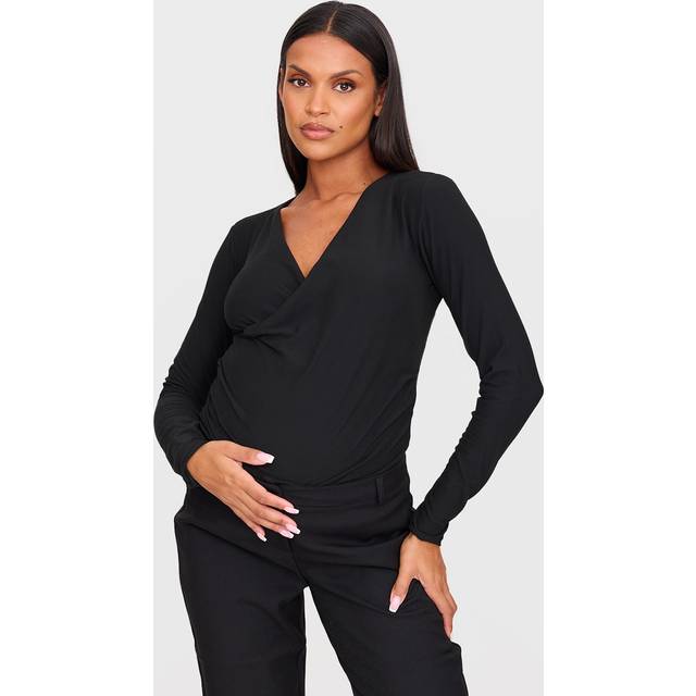 Maternity Black Soft Touch Ruched Long Sleeve Longline Top, Black - 8