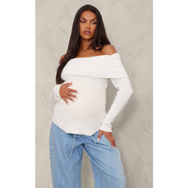 Maternity Cream Rib Knit Bandeau Long Sleeve Top, White - 14