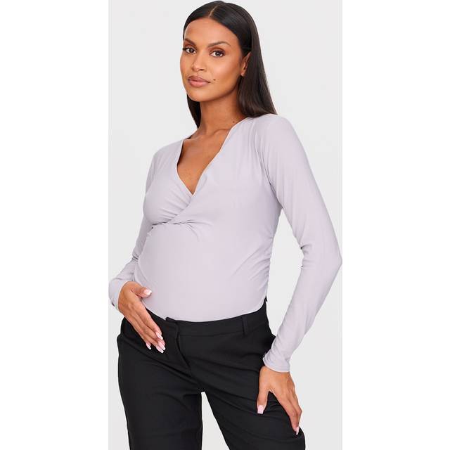 Maternity Light Grey Soft Touch Ruched Long Sleeve Longline Top, Grey - 14