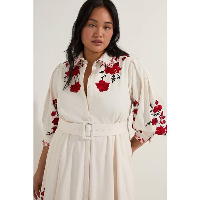 Plus Size Rose Embroidered Cotton Twill Woven Shirt Dress With Eyelets - White