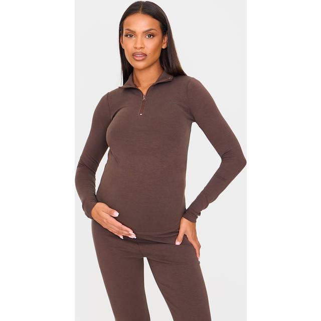 Maternity Chocolate Premium Soft Touch Quarter Zip Long Sleeve Top, Chocolate - 8