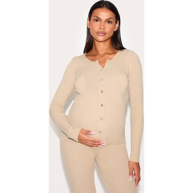 Maternity Oatmeal Button Up Long Sleeve Rib Knit Top, Oatmeal - XS
