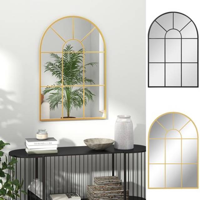 HOMCOM Modern Arched Wall Mirror, 91 x 60 cm Window Mirrors for Living Room, Bedroom, Gold Tone