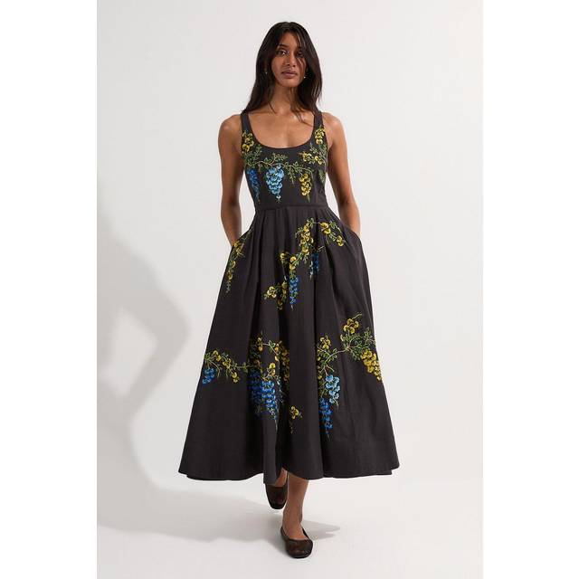 Petite Floral Embroidered Cotton Linen Woven Prom Dress - Black