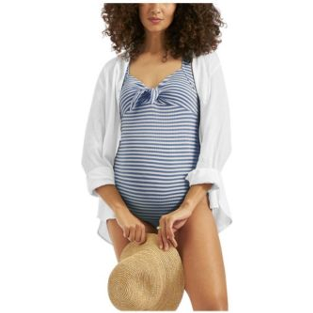 Ripe Dune Stripe Nursing Swimsuit, Washed Indigo/White