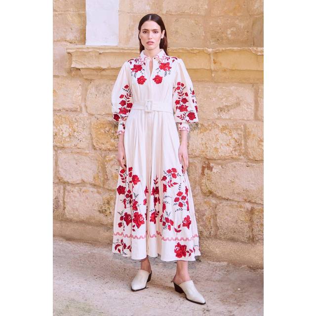 Rose Embroidered Cotton Twill Woven Shirt Dress With Eyelets - White