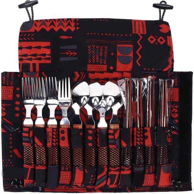 12 Pcs Stainless Steel Wooden Handle Tableware Set Outdoor 4 Person Spoons Forks Chopsticks Set for L