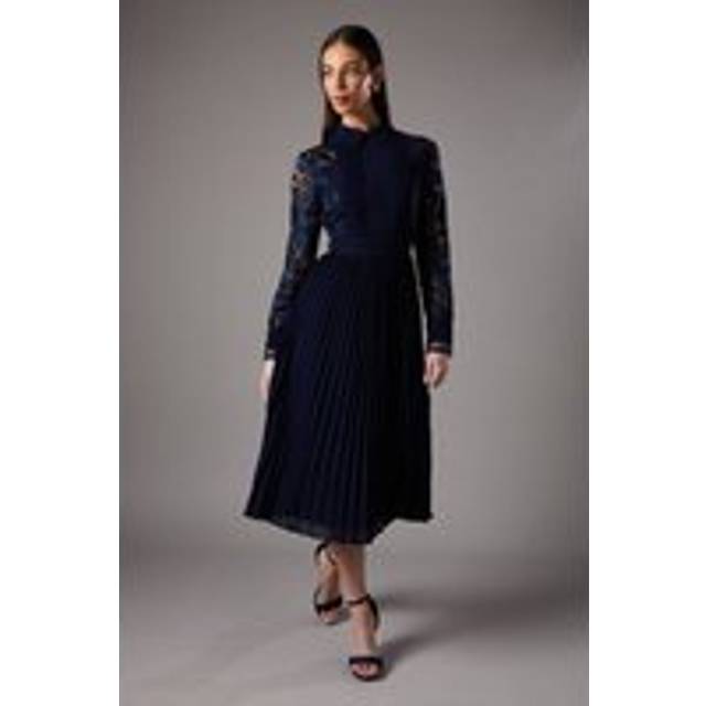 Long Sleeve Lace and Pleated Midi Shirt Dress - Navy - 10