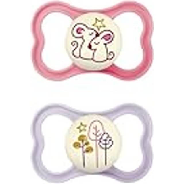 Latex Air Night Soothers 16 Months+ (Pack of 2), Glow in The Dark Baby Soothers with Self Sterilising Travel Case, Newborn Essentials, Pink, (Designs