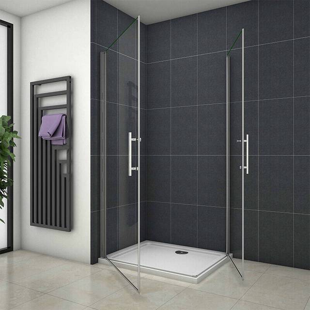 Pivot shower enclosure frameless corner entry double door tempered clear glass