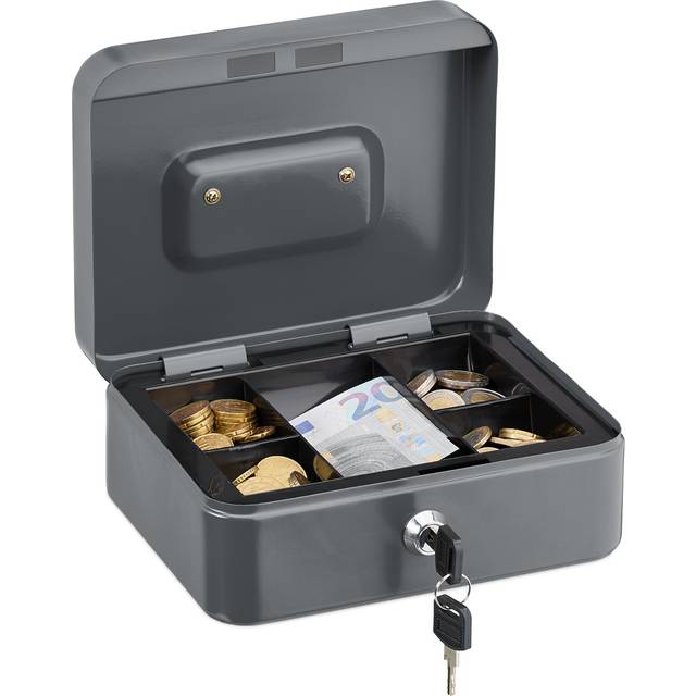 Relaxdays Cash box lockable, removable insert, 5 compartments, iron money box, HxWxD: 8.5 x 20 x 17 cm, grey