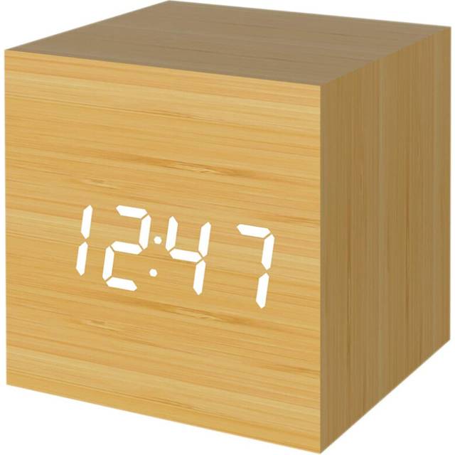 Digital Alarm Clock, Wood LED Light Mini Modern Cube Desk Alarm Clock Displays Time Date Temperature