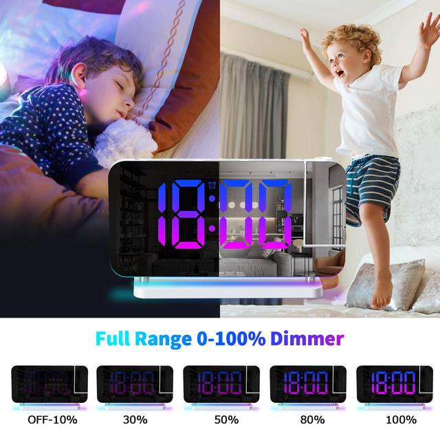 Projektionsväckarklocka för sovrum 7-tums RGB färgglad LED digital klocka med spegelyta svart