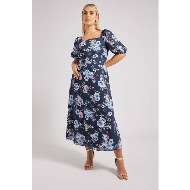 Yours London Curve Navy Blue Floral Print Linen Look Midaxi Dress, Women's Curve & Plus Size, Yours London - 30-32