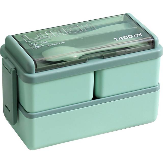 Bento Box Two Layers Green with Divider Food Grade Plastics Microwave Safe Lunch Container for