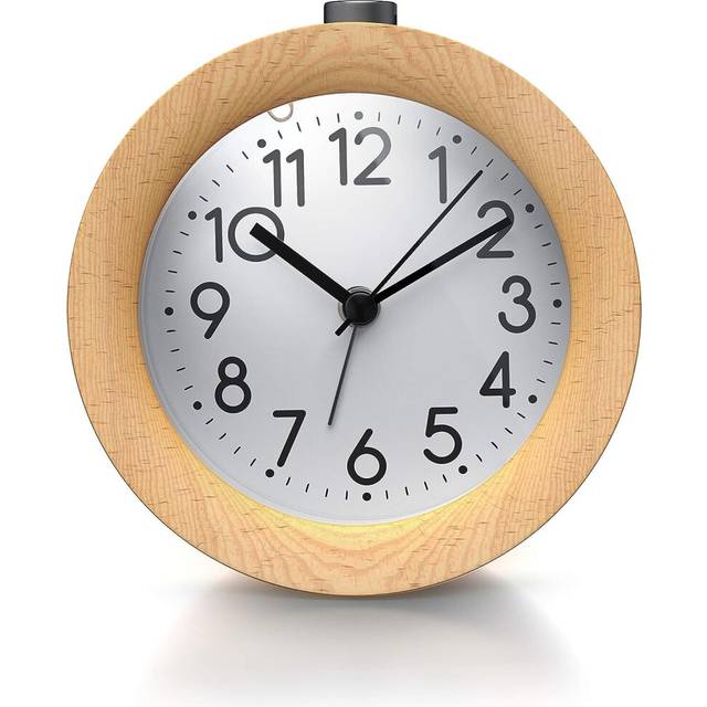 Wooden analog alarm clock battery powered non-tick with snooze button, night light, gentle wake up