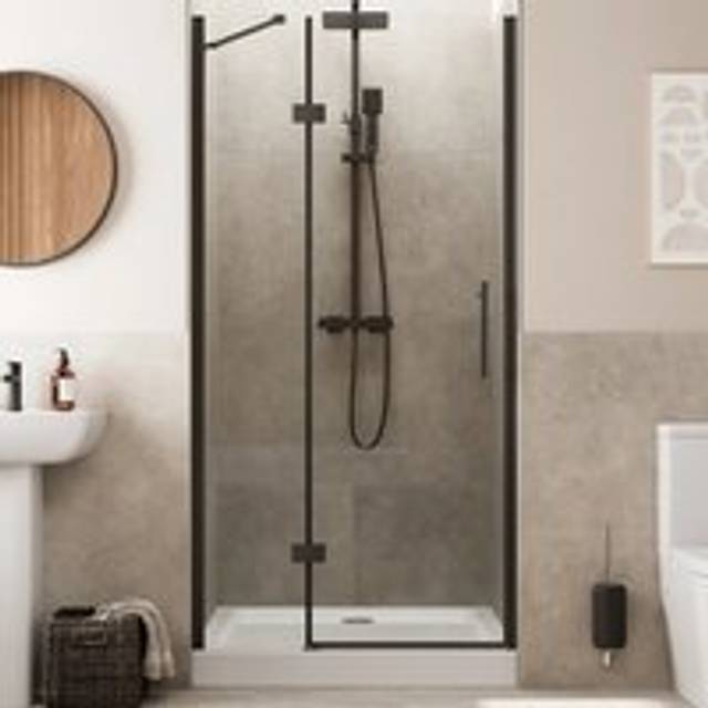Diamond Frameless Hinged Shower Door 1000mm with Raised Anti Slip Tray & Waste – 8mm Black