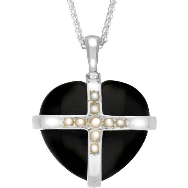 Sterling Silver Whitby Jet Nine Pearl Large Cross Heart Necklace - Silver