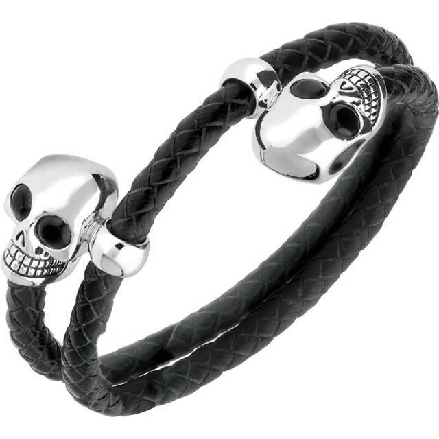 Sterling Silver Whitby Jet Leather Skull Bracelet - Option1 Value Silver