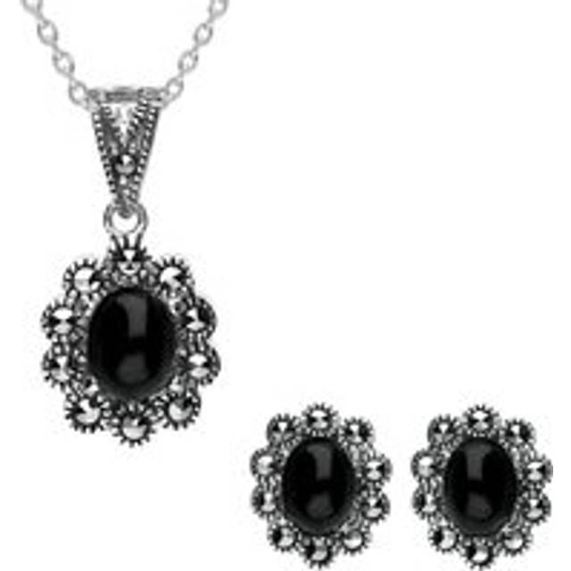 Sterling Silver Whitby Jet Marcasite Oval Beaded Edge Two Piece Set