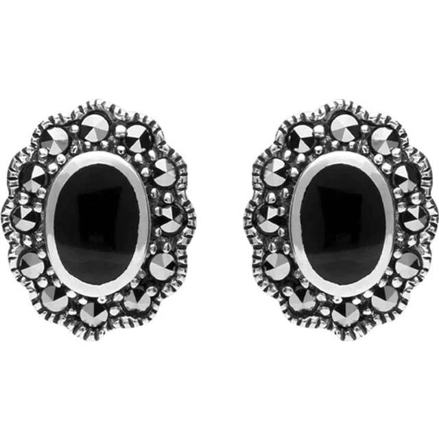 Sterling Silver Whitby Jet Marcasite Oval Beaded Edge Stud Earrings - Silver