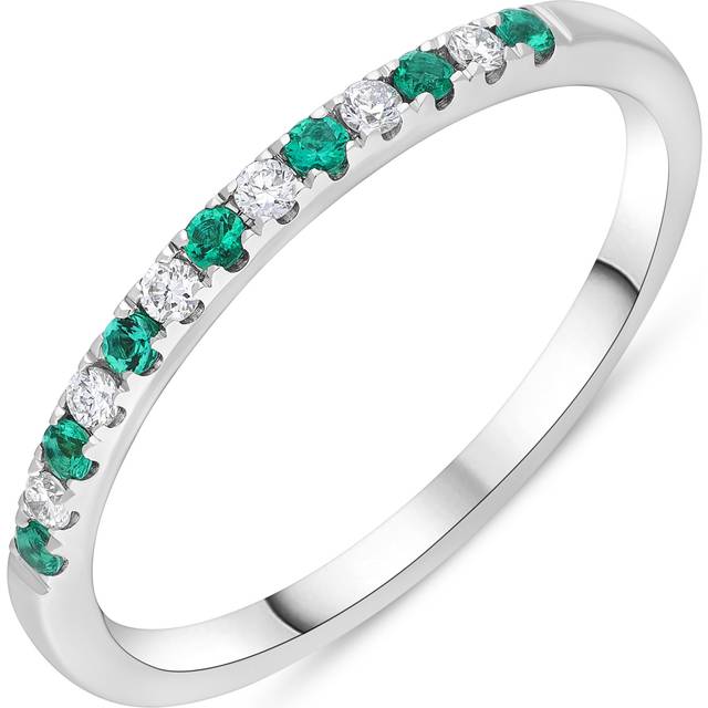 18ct White Gold 0.09ct Emerald 0.08ct Diamond Castle Half Set Eternity Ring - N