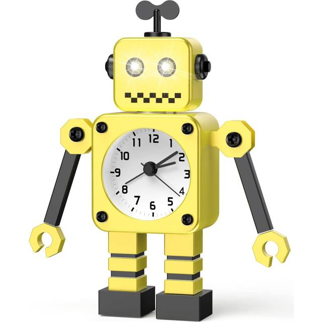 (Yellow) Robot Alarm Clock, Ultra-Quiet Non Ticking Analog Alarm Clock with Eye Light and Hand Clip Stainless Steel Metal