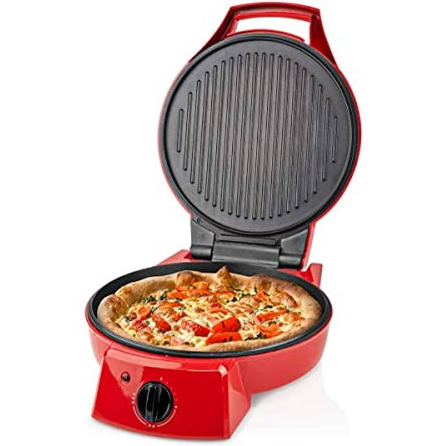 "12"" Electric Pizza Maker & Table Top Grill, Indoor Portable Pizza Oven with Non-Stick 12"" Plates, 3 Heat Settings Max 230C - Retro Red"