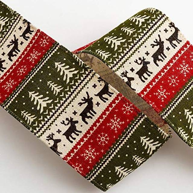 - 6cm Wide Scandinavian Christmas Print Ribbon - Wired Edge - 10 Metre Rolls
