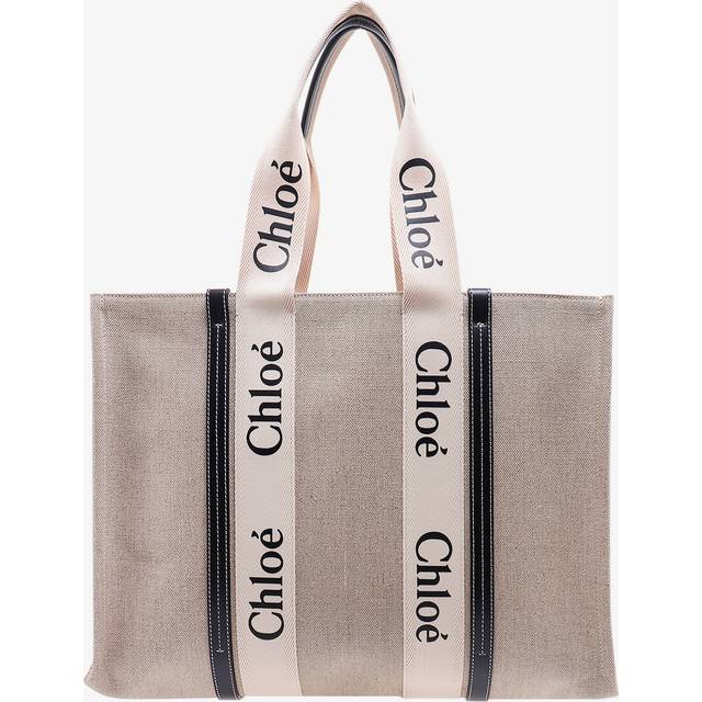 Linen shoulder bag with logo print. this bag is made with lower environmental impact material - CHLOE' - gender_Woman - Beige (UNI)