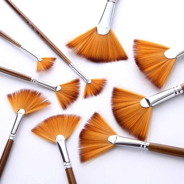9 PCS Fan Paint Brush Set Soft Nylon Hair Paintbrush for Watercolor Oil Acrylic Gouache Painting Pack of 9