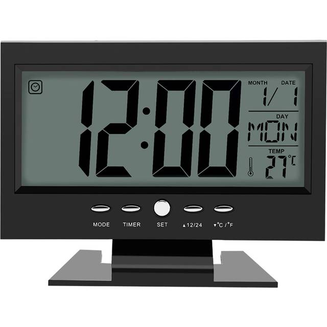LCD Digital Sound Sensor Table Desk Alarm Clock with Calendar and Temp Display Black svart