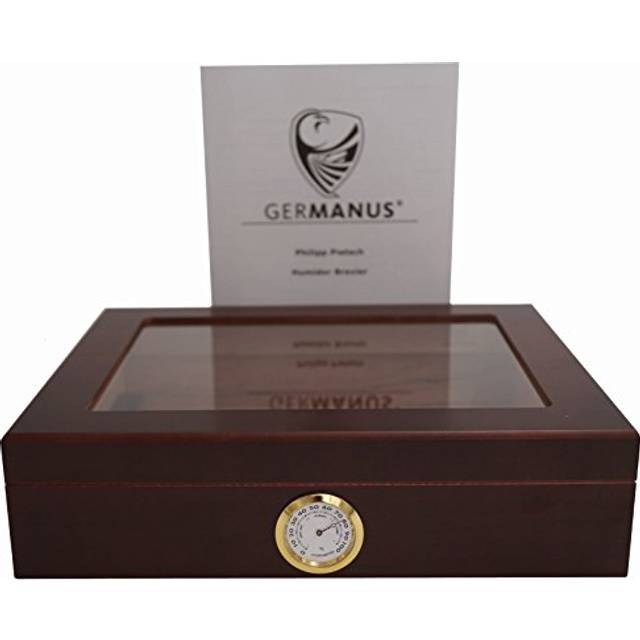 GERMANUS Cigar Humidor for Approx. 30 Cigars, Dark Brown, with Hygrometer and Humidifier and GERMANUS Manual