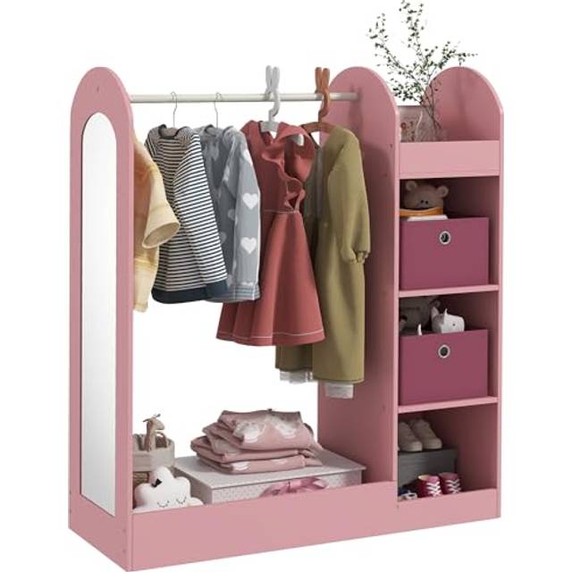 AIYAPLAY Kids Clothes Rail with Storage Shelf, Boxes, Mirror, Pink
