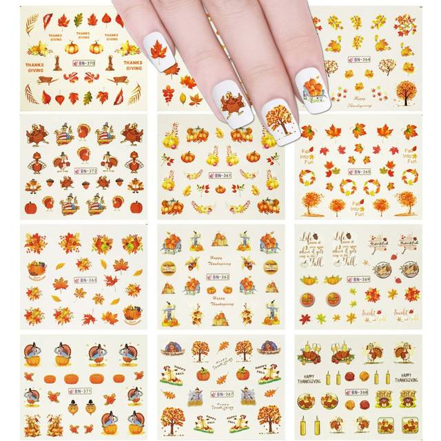 ALLYDREW 11 Sheets Fall Leaves Nails Thanksgiving Water Slide Nail Art Nail Decal Set Water Transfer Nail Art Sheets