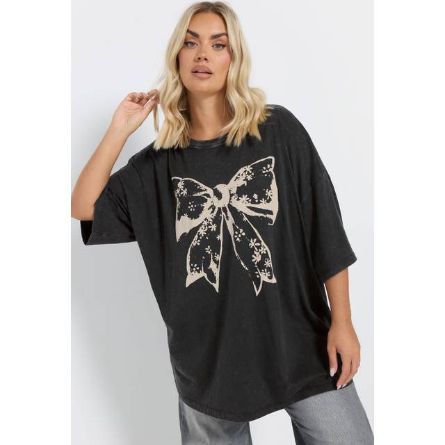 Yours Curve Black Acid Wash Boxy Bow Graphic Print Tshirt, Women's Curve & Plus Size, Yours - 14