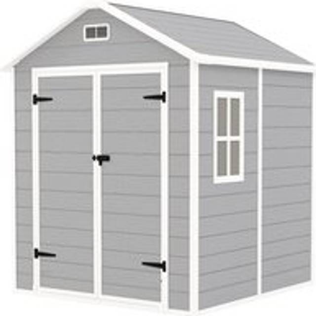 Outsunny 6 x 5ft Garden Shed, Plastic Shed with Floor, Window, Lockable Doors and Vents, Wood Effect Resin Tool Shed for Outdoor Patio, Light Grey