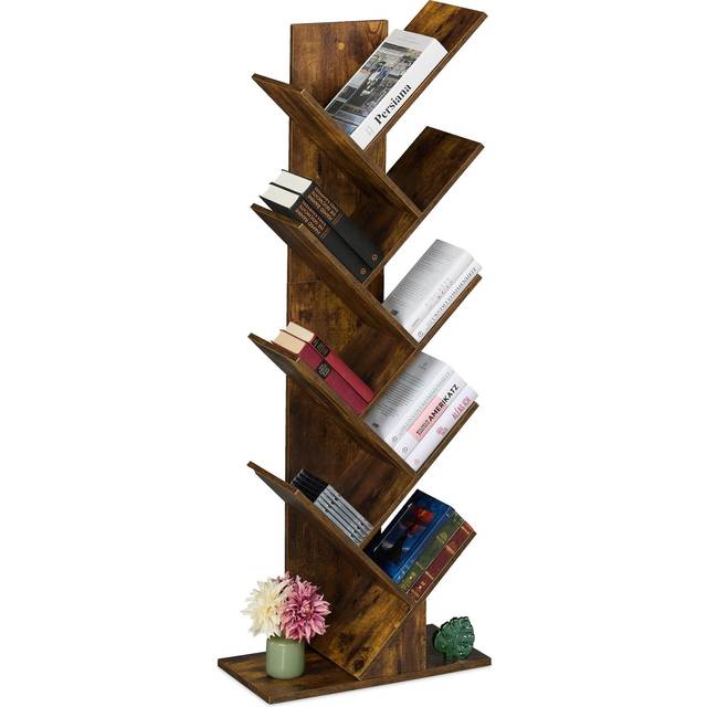 Tree Bookshelf, 9-Tier Bookcase, hwd: 138 x 51 x 25 cm, Storage for Books & CDs, Free-Standing Shelves, Brown - Relaxdays