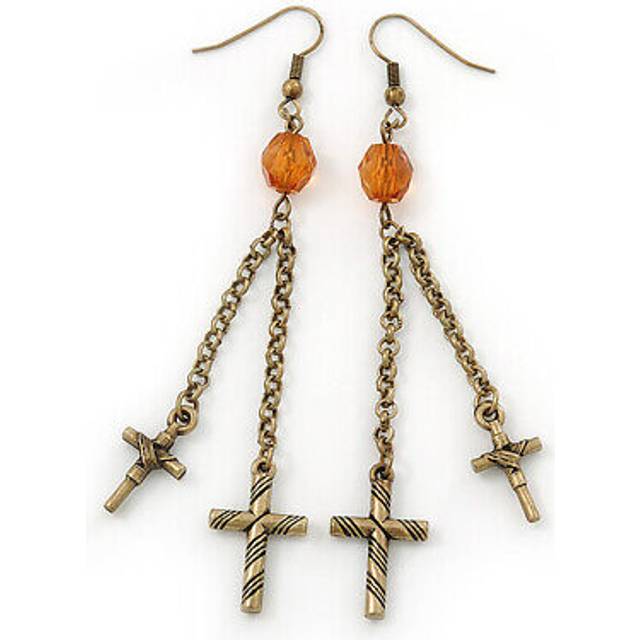 Long vintage inspired chain cross dangle earrings in burn gold metal - 95mm