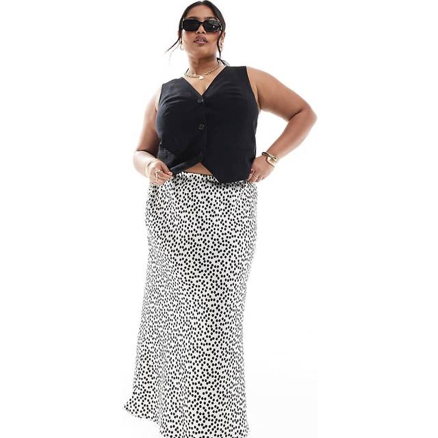 New Look Women's Plus Size Off White Satin Spotted Print Midi Skirt Curves - UK 18