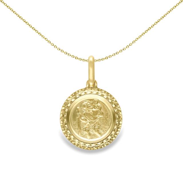 Jewelco London Unisex 9ct Yellow Gold Shimmering Diamond-cut Framed St Christopher Medallion Pendant 14mm - SCNR02066