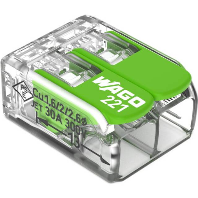 WAGO Green Range Terminal Block 2-Wire, to 4 mm?, Splicing Connectors 2-Pole with Lever for All Conductor Types Pluggable, 221-422, 100 pcs